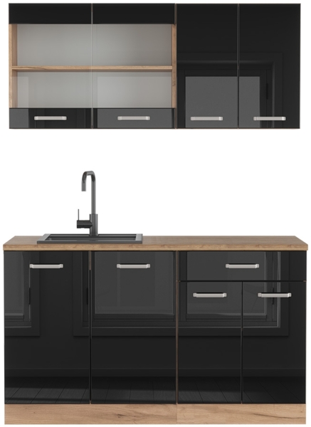 Küchenzeile R-Line Schwarz Hochglanz/Goldkraft Eiche 140 cm , AP Eiche Vicco