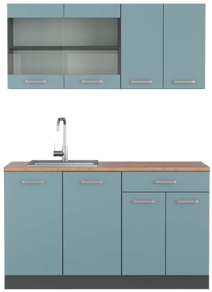 Küchenzeile R-Line Blau-Grau/Anthrazit 140 cm , AP Eiche Vicco