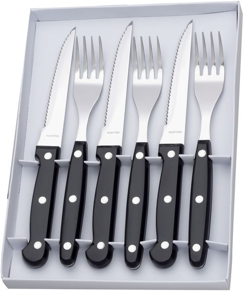 Neustanlo | Steakmesser Set | 6 Stück | Edelstahlklinge mit Wellenschliff | robuste Kunststoffgriffe | klassisch schwarz | perfekt als Menümesser & Buttermesser