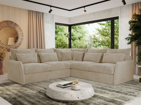 Ecksofa für Wohnzimmer, L-förmige Ecke mit losen Kissen, modular 4-Sitzer couchgarnitur - VERSO - Creme Plüschstoff