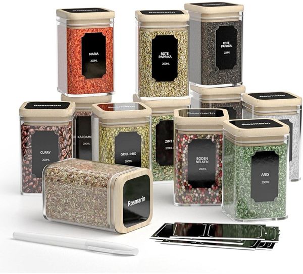 FINEW Gewürzgläser Set 12x200ml mit Bambusdeckel Luftdicht Vorratsdosen