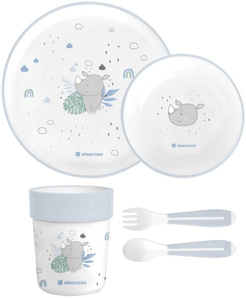 Kikkaboo Kindergeschirr Set Savanna 5-teilig Tiermotiv, Schale, Teller, Besteck hellblau