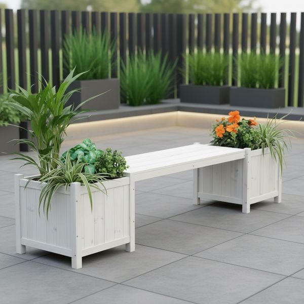 Gartenbank Bank Holzbank Weiß 2in1 Blumenkasten 2 Blumenkübeln Holz Garten Möbel