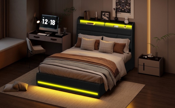 Furnishings Home Polsterbett Stauraumbett LED Doppelbett (Kopfteil & Hydraulisch hebbarer Stauraum), Multifunktionsbett mit LED-Beleuchtung, Lattenrost, PU, 140x200 cm Bild 1