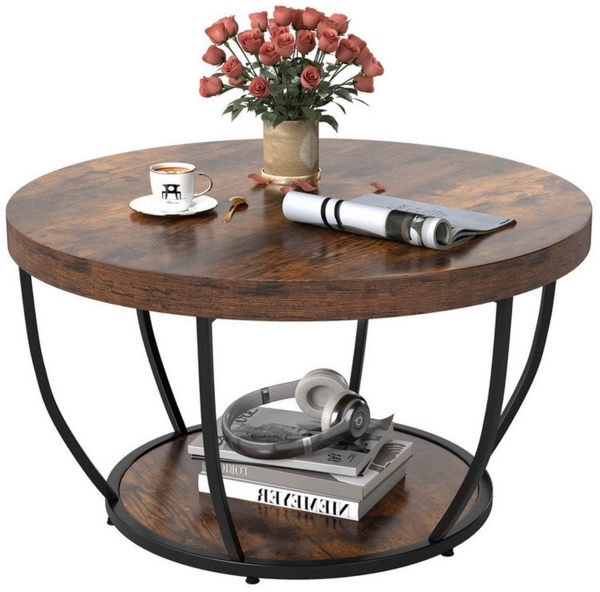 COSTWAY Couchtisch, Couchtisch rund, Sofatisch Holz mit 2 Ebenen & Metallrahmen 80cm Bild 5