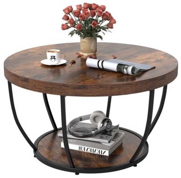 COSTWAY Couchtisch, Couchtisch rund, Sofatisch Holz mit 2 Ebenen & Metallrahmen 80cm Bild 4