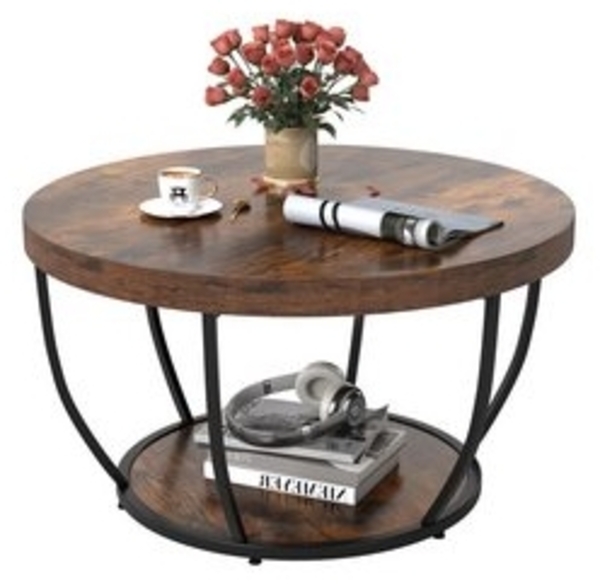 COSTWAY Couchtisch, Couchtisch rund, Sofatisch Holz mit 2 Ebenen & Metallrahmen 80cm Bild 6