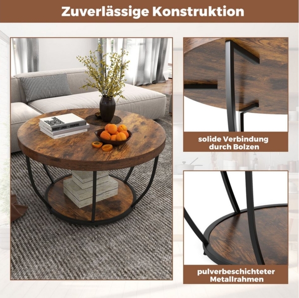 COSTWAY Couchtisch, Couchtisch rund, Sofatisch Holz mit 2 Ebenen & Metallrahmen 80cm Bild 3