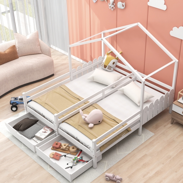 Merax 90x200cm Hausbett, Doppelbett, Kinderbett, Gitterbett mit 2 MDF-Schubladen, Schubladen auf Rollen, Lattenrost aus Kiefer, weiß Bild 3