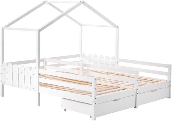 Merax 90x200cm Hausbett, Doppelbett, Kinderbett, Gitterbett mit 2 MDF-Schubladen, Schubladen auf Rollen, Lattenrost aus Kiefer, weiß Bild 9