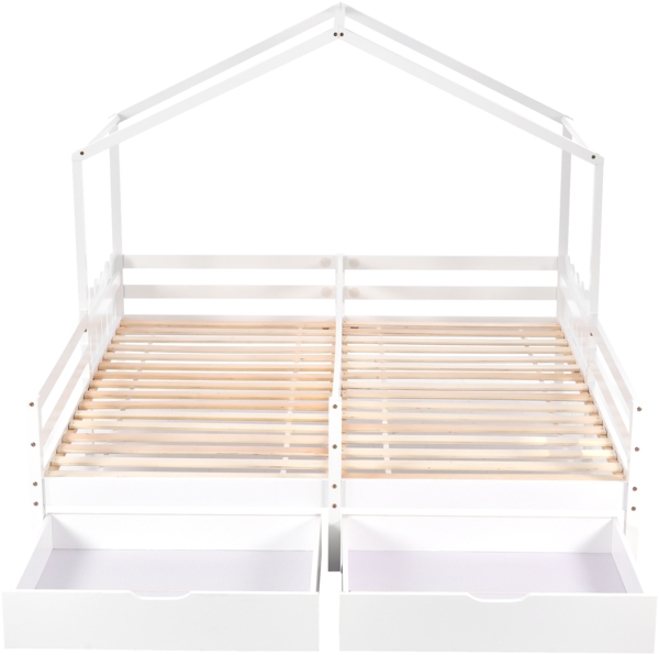 Merax 90x200cm Hausbett, Doppelbett, Kinderbett, Gitterbett mit 2 MDF-Schubladen, Schubladen auf Rollen, Lattenrost aus Kiefer, weiß Bild 8