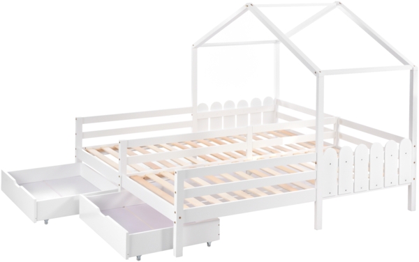 Merax 90x200cm Hausbett, Doppelbett, Kinderbett, Gitterbett mit 2 MDF-Schubladen, Schubladen auf Rollen, Lattenrost aus Kiefer, weiß Bild 10