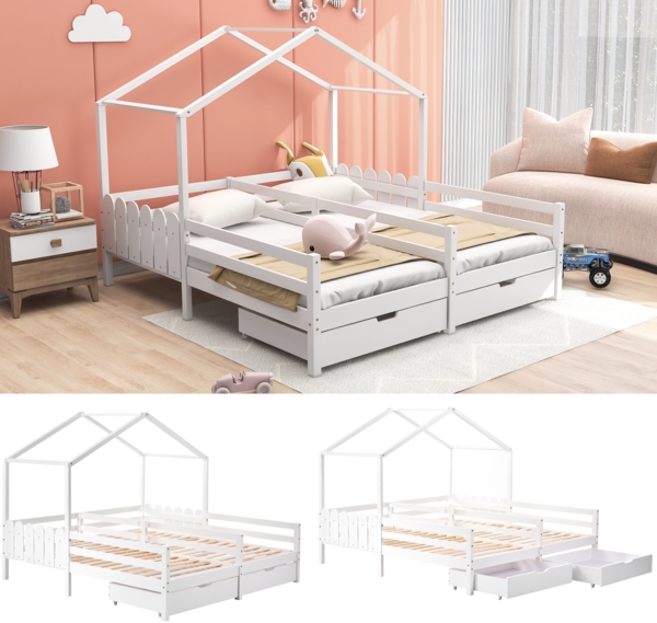 Merax 90x200cm Hausbett, Doppelbett, Kinderbett, Gitterbett mit 2 MDF-Schubladen, Schubladen auf Rollen, Lattenrost aus Kiefer, weiß Bild 6