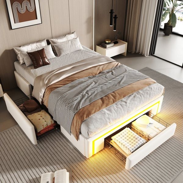 Flieks Polsterbett, Jugendbett Einzelbett 90x200 cm ohne Kopfteil mit 2 Schubladen und Led