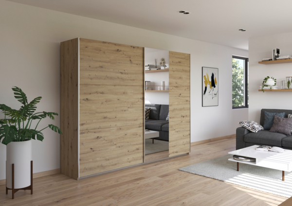 rauch Kleiderschrank; Schwebetürenschrank KRONACH, 2-türig, 1 Spiegeltüre, Eiche Artisan, 261x210x59xcm