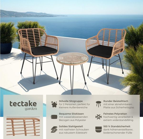 tectake Sitzgruppe Rattan Sitzgruppe, (Set, 3-tlg), für 2 Personen