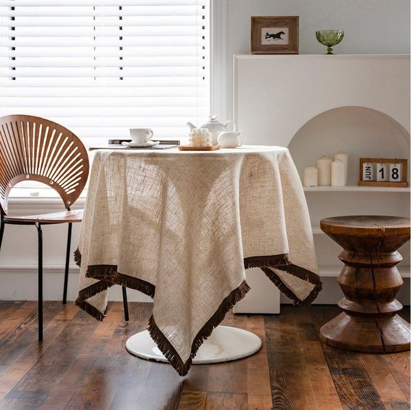 BTTO Tischdecke Vintage-Tischdecke aus Leinen mit Quasten
