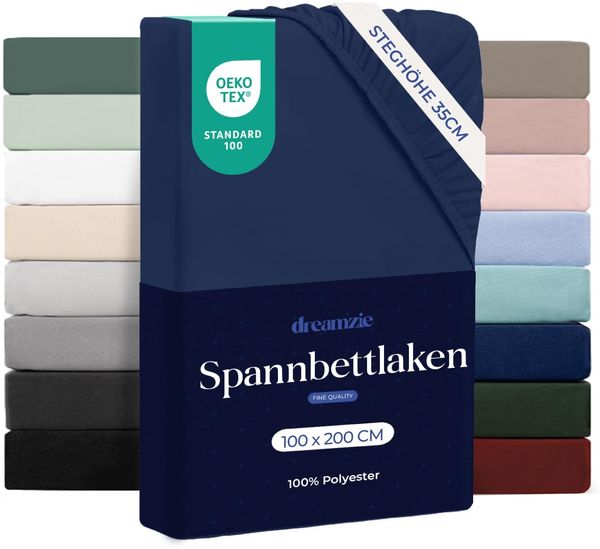 Dreamzie Spannbettlaken 100x200 cm - Hoher Steg bis 35 cm - 100% Mikrofaser - Dunkelblau - Schadstoffgeprüft (Oeko TEX), Bettlaken mit Gummizug