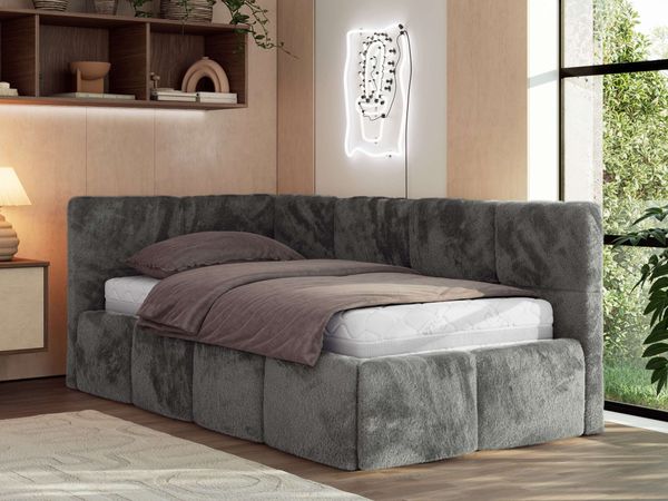 Jugendbett 90x200 ARVO Polsterbett mit Bettkasten, Stauraum & Gasdruckfeder, Modernes Design mit Kopfteil, Pocket Matratze - Dunkelgrau Plüsch - VIRE LUX - Links Seite