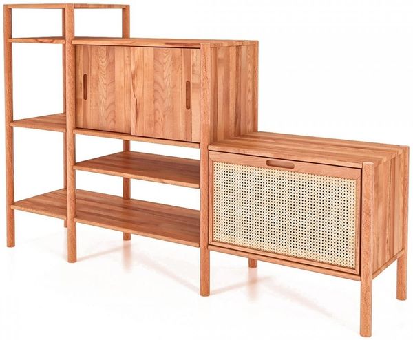 Bücherregal Zola Kernbuche massiv und Rattan 190x123 cm mit 3 Türen 5 Fächern