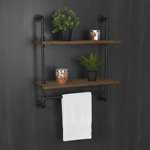 Regal Wandregal Industriestil 2 Ebenen Holz Rohr Handtuchhalter 60 cm Büro