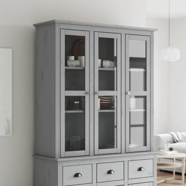 vidaXL Vitrinenschrank mit Glastüren BODO Grau Massivholz Kiefer 355079