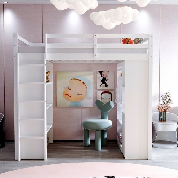 Merax Hochbett mit viel Stauraum unter dem Bett (1-St, Einzelbett Jugendbett) Kiefer Kinderbett 90x200 cm mit Regalen, Kleiderhaken & Rollwagen