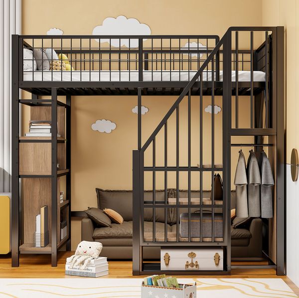Bett 90x200 cm mit Stauraumtreppe – Hochbett aus Metall und Holz, platzsparend und modern in Schwarz