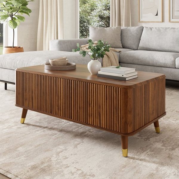 OKWISH Couchtisch Retro-Couchtisch mit höhenverstellbarer Platte in Walnuss-Optik (Packung, 1-St, Wellenstruktur, Holzbeine & großer Stauraum), 97x56,5x52 cm Multifunktionaler Wohnzimmertisch