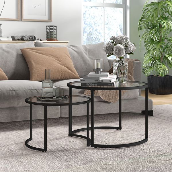 2er-Set Couchtisch/Beistelltisch, 70x70 x H 47,5 cm & 54x54 x H 42,5 cm, stapelbar, Hartglas und Stahl