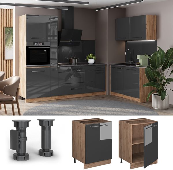 Küchenunterschrank Fame-Line Anthrazit Hochglanz/Goldkraft Eiche 60 cm 1 Tür mit Arbeitsplatte Vicco Bild 4