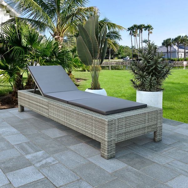 Sonnenliege, Gartenliege mit Auflage Grau Poly Rattan