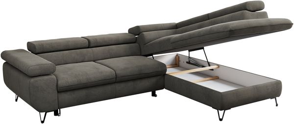 Mks Möbel 'Peter L-form' Ecksofa mit Bettfunktion, Bettkasten & einstellbaren Kopfstützen, Dunkelgrau, Velours, rechts Bild 5