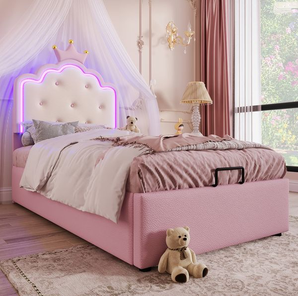 Polsterbett 90x200 cm aus PU mit Stauraum und LED-Umgebungslicht – Kronprinzessinnen-Design, rosa