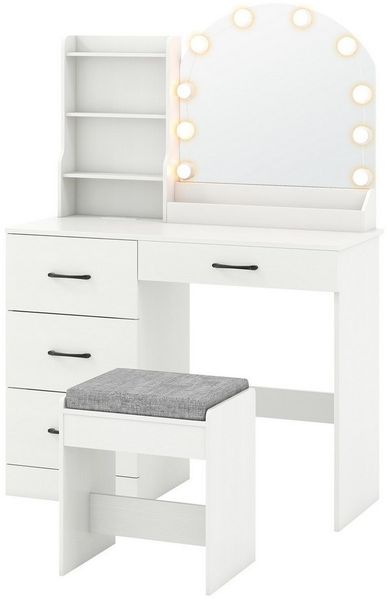 COSTWAY Schminktisch (1-St), mit LED-Beleuchtung, Ladestation, Hocker, Spiegel, 4 Schubladen