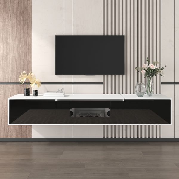 TV-Schrank, Hochglanz mit LED-Beleuchtung & geriffelten Türen, 180x35x30 cm, Weiß/Schwarz