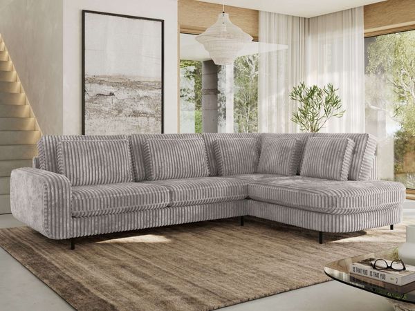 CALENO L-Form Ecksofa 317x225 cm, Massivholz-Rahmen & Wellenfedern, Sitzhöhe 51 cm, modernes Polstersofa rückenecht bezogen & freistehend - Hellgrau Cord - Rechts Seite