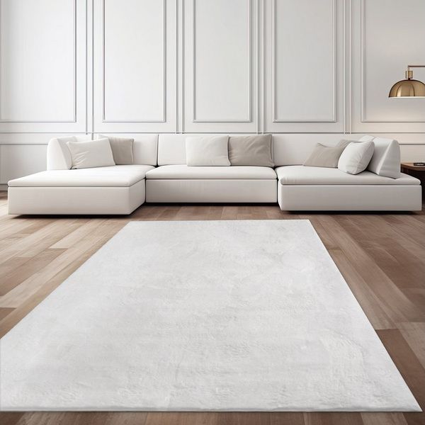 TaCa Home Teppich Flauschiges Hasenfell Imitat, oval, Höhe: 14 mm, Wohnzimmer Schlafzimmer Esszimmer Kinderzimmer, Weiß - 120 cm rund