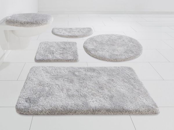 Grund Badematte Melos, Badvorleger, Badezimmer Teppich, sehr weich, Höhe 27 mm, rutschhemmend beschichtet, fußbodenheizungsgeeignet, Kunstfaser, rechteckig, 3-tlg. Hänge-WC Set, melierte Optik, sehr weicher Flor, Melange-Effekt, Made in Europe