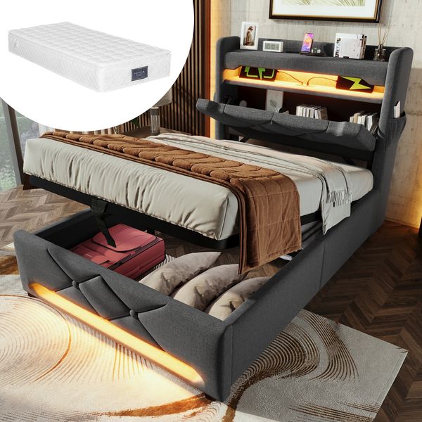 Polsterbett Einzelbett Leinen, mit 360° Musik-LED & 4-fach Ladestation inkl. Matratze, 90x200 cm, Grau