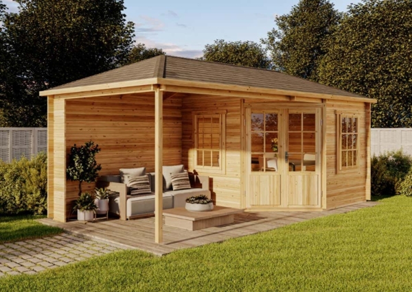 Alpholz 5-Eck Gartenhaus Mosel Gartenhaus aus Holz in Pinie Holzhaus mit 28 mm Wandstärke inklusive Terrasse Blockbohlenhaus mit Montagematerial