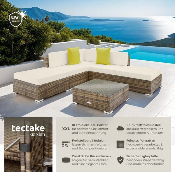 tectake Loungeset Rattan Sitzgruppe mit 2 extra Kissen, inkl. 8 Verbindungsklammern, (Gartenlounge-set Paris, 6-tlg, geeignet für Outdoor in Natur), wetterfest und UV-beständig, Dicke der Polster 10 cm