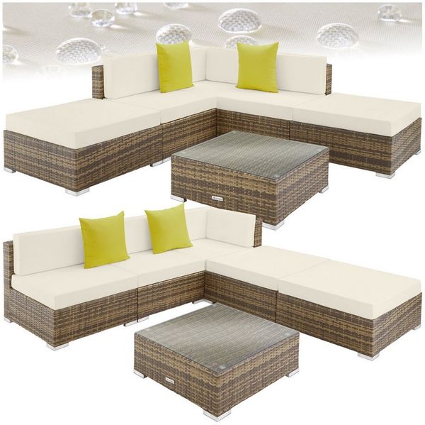 tectake Loungeset Rattan Sitzgruppe mit 2 extra Kissen, inkl. 8 Verbindungsklammern, (Gartenlounge-set Paris, 6-tlg, geeignet für Outdoor in Natur), wetterfest und UV-beständig, Dicke der Polster 10 cm