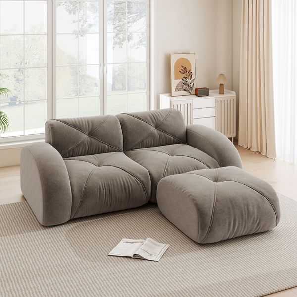 Flieks Modulares Sofa 2-Sitzer mit Hocker, Cloud Sofa mit runden Armlehnen, Chenille weich, rahmenlos bodennah, Lounge Sofa, Braun