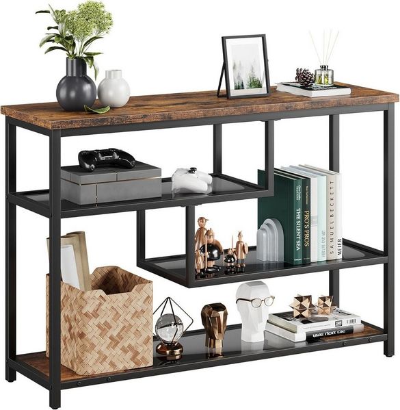 GarveeMore Konsolentisch mit Glasregal und Metallrahmen,100x30x75cm, 4-Etagen-Sofa-Tische Schmaler Eingangstisch,für Wohnzimmer,Foyer,Braun