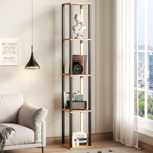 Flieks LED Standregal 26×26×165 cm, Bücherregal modern schwarz & Holzoptik, Regal mit 4 Ebenen, dreifarbige LED-Beleuchtung, Dekoregal schmal