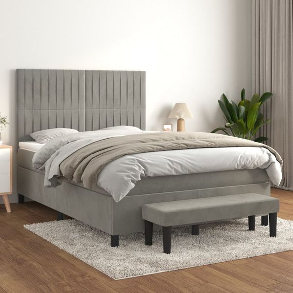 vidaXL Boxspringbett mit Matratze Hellgrau 140x200 cm Samt 3137965