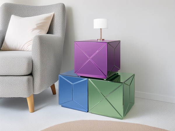 Würfel Beistelltisch 3er Set mit Spiegelglas, Höhe 40cm