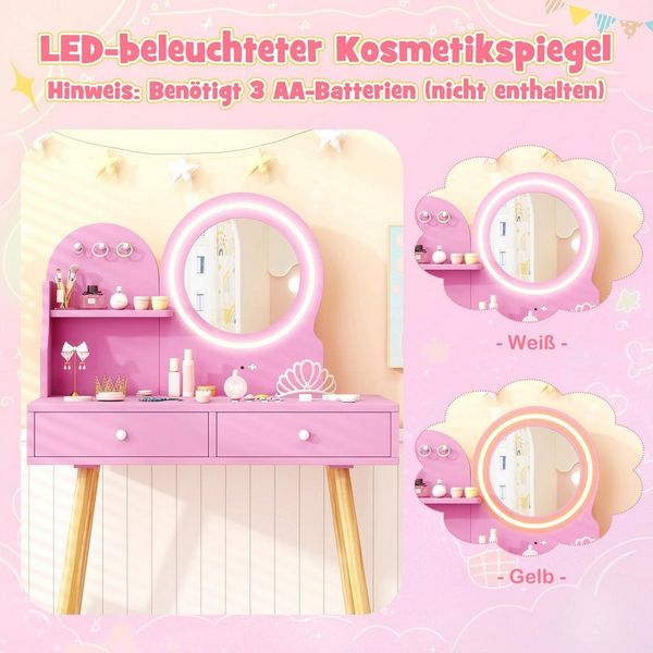 COSTWAY Schminktisch, Kinder Schminktisch mit LED-Beleuchtung, Holz