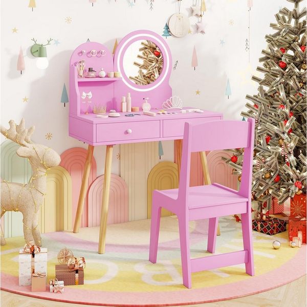 COSTWAY Schminktisch, Kinder Schminktisch mit LED-Beleuchtung, Holz
